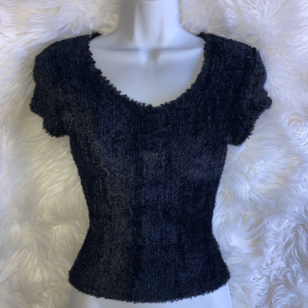 WHITE SAND Black Chenille Fuzzy Stretchy Top